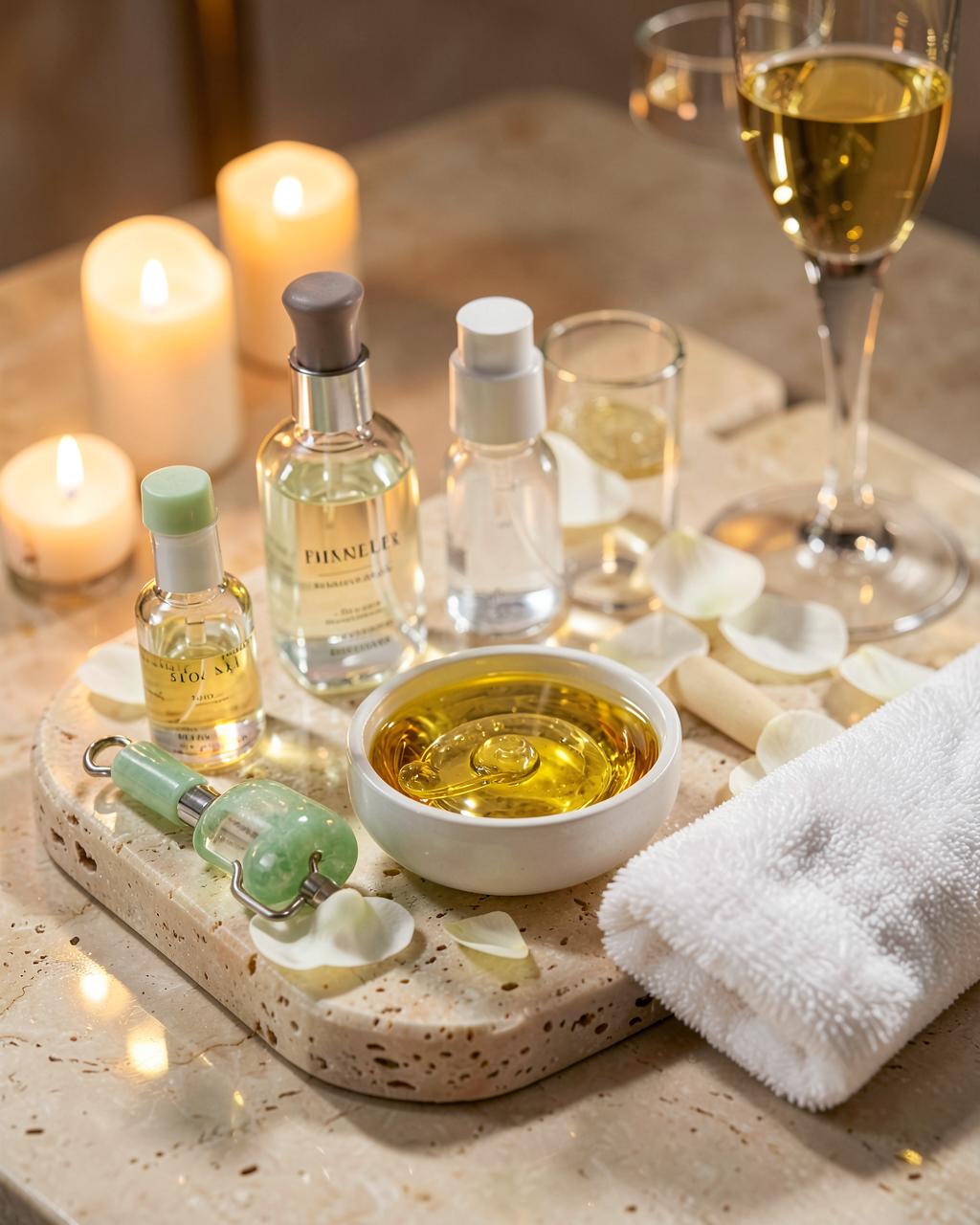 Luxury skincare ritual with golden serum, jade roller, and orchid petals